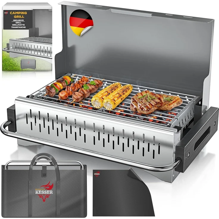 KESSER® Klappgrill, tragbarer Holzkohlegrill aus pulverbeschichtetem Stahl inklusive Grillrost, Grillmatte & Tragetasche, Silber, 43 x 65 x 82 cm – Bild 1