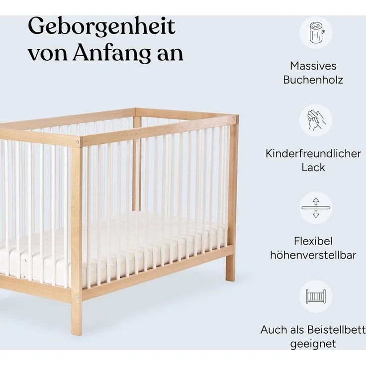 Ehrenkind® Babybett PUR 120x60 aus Buchenholz | Weiß | Kinderbett 9-Fach höhenverstellbar mit entnehmbaren Stangen | Baby Bett – Bild 2
