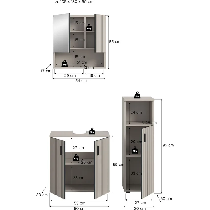xonox. home – Badkombination Mone 105 x 180 x 30 cm in Kaschmir Nachbildung – 3-teiliges Set inkl. Waschbeckenunterschrank, Spiegelschrank & Badschrank – Stilvolle Einrichtungslösung mit kompakten Maßen – Bild 4