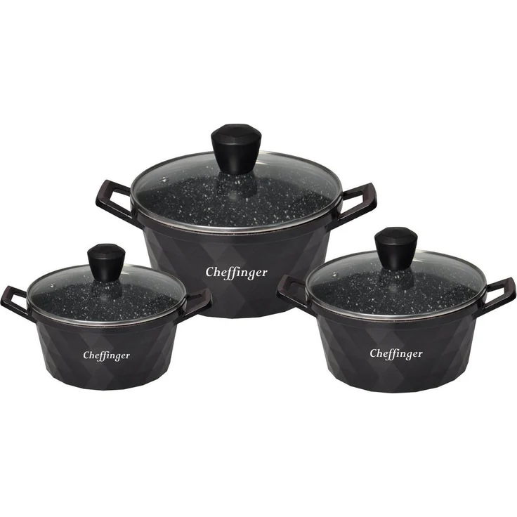 Kochtopf Kasserolle Topf Set 6-tlg schwarz Glasdeckel Cheffinger CF-DIAC03 – Bild 1