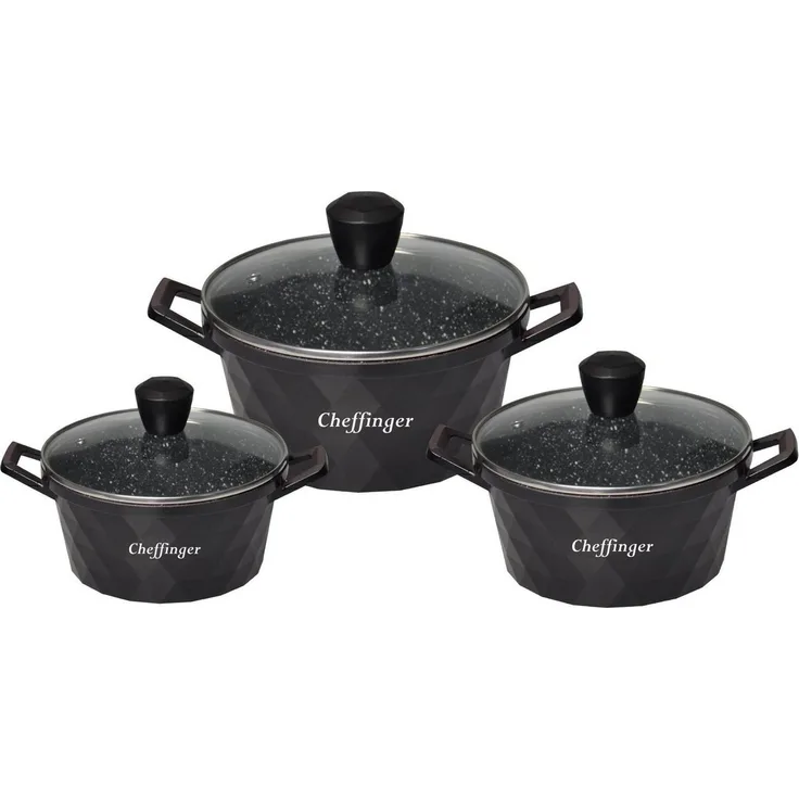 Kochtopf Kasserolle Topf Set 6-tlg schwarz Glasdeckel Cheffinger CF-DIAC03