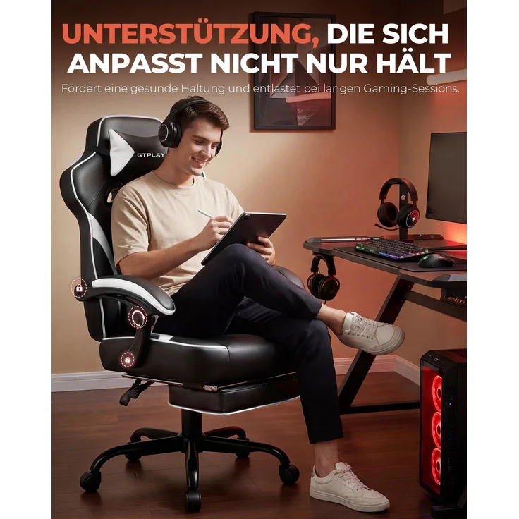 GTPLAYER Gaming Stuhl mit Fußstütze, Ergonomischer Bürostuhl 180kg, Schwerlast Gaming Sessel mit Lendenwirbelstütze und Kopfstütze, Höhenverstellbarer Computerstuhl, Gepolstert, neigbare 155°, weiß – Bild 5