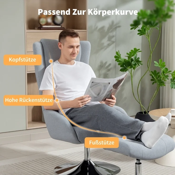Relaxsessel Set mit Fußhocker und Kopfteil, 360° drehbarer Fernsehsessel mit Leinenstoff Bezug, elektroplattiert, 118 x 68 x 84 cm, Grau – Bild 4