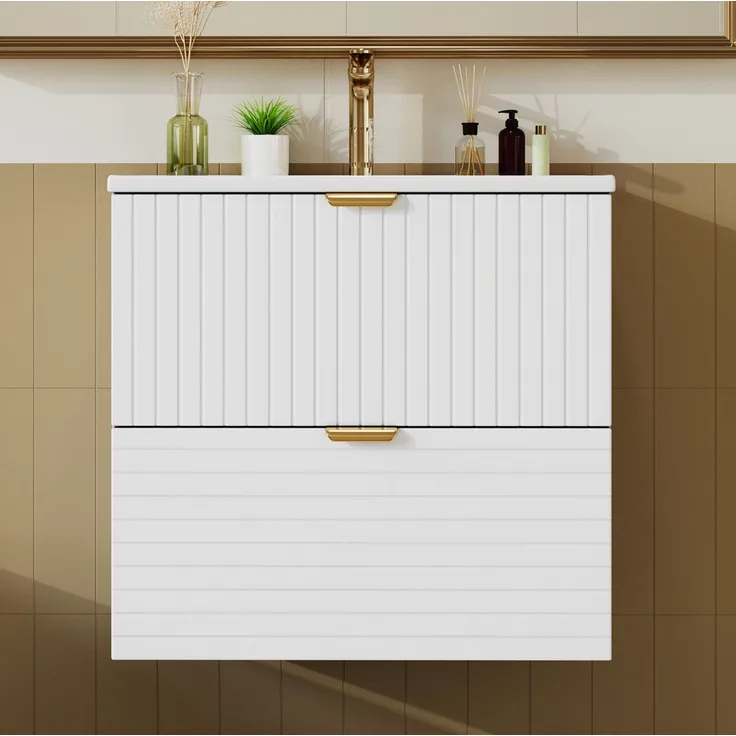 Wandhängender Waschtisch 61x46x57 cm mit Keramikbecken und zwei Schubladen, Weiß
