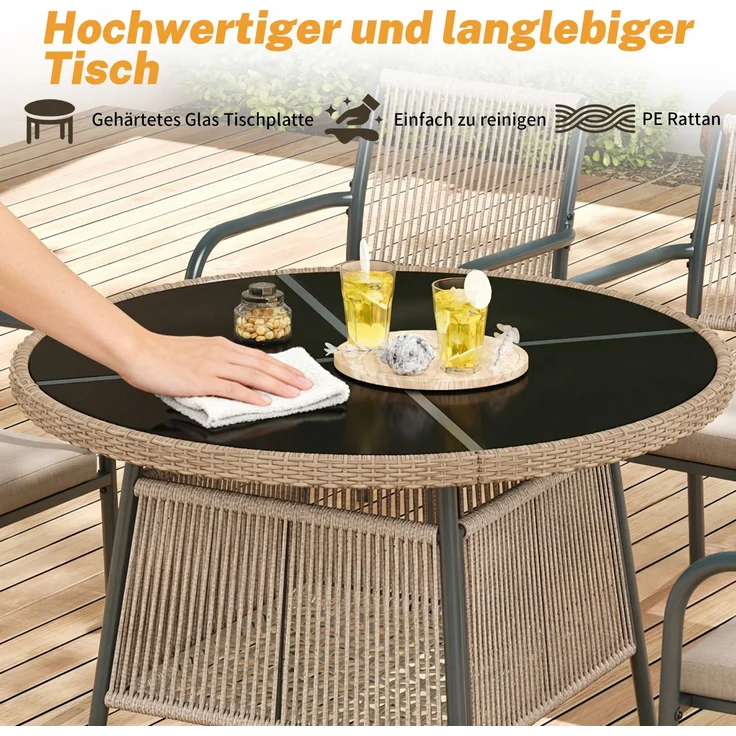 Gartenlounge-Set mit rundem Glastisch und 4 Stühlen, 5-teilig, Loungeset, Essgruppe für Garten – Bild 4