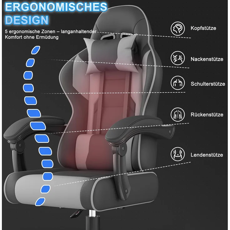 Devoko Gaming Stuhl mit Massagefunktion, Bürostuhl Ergonomisch mit Verstellbarer Ruckenlehne (90-135), Schreibtischstuhl mit Bewegliche Armlehne, max 150kg, Grau – Bild 8