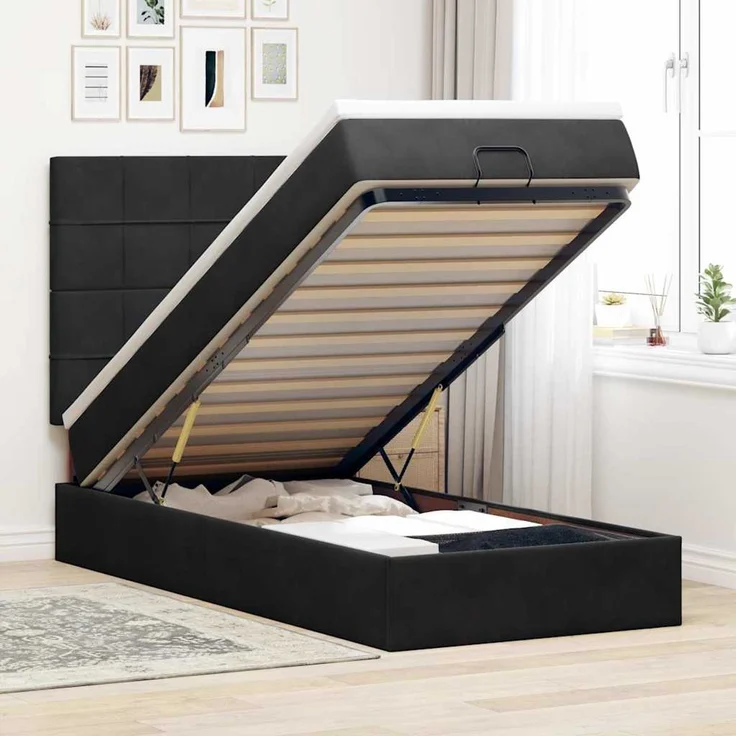 vidaXL Ottoman-Bett mit Matratzen & LEDs Schwarz 100x200 cm Samt 3314302 – Bild 1