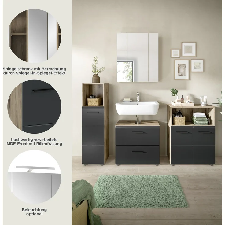 Badkombination (B/H/T: 180x185x30 cm) in schwarz matt und Nox Oak Nachbildung – Bild 8