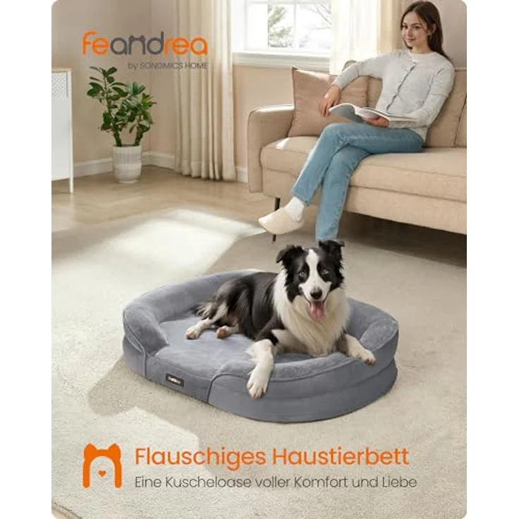 Feandrea Hundebett, Hundekissen, für große Hunde, 91 x 68 x 18 cm, orthopädisch, wasserdichte Innenschicht, erhöhte Ränder, Abnehmbarer, waschbarer Bezug, rutschfest, hellgrau PGW282G01 – Bild 3