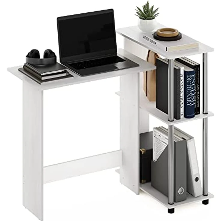 Furinno Abbott Eck-Computertisch mit Bücherregal, weiße Eiche, Edelstahlrohre – Bild 2