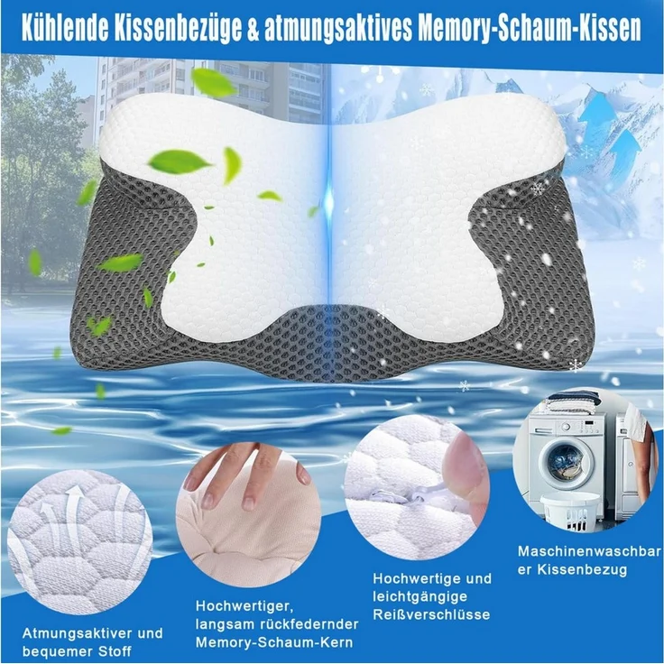 AKKEE Nackenstützkissen Kopfkissen, Orthopädisches Kissen Memory Foam KopfKissen, Füllung: Memory Foam, Die Rillen im Kissenkern passen sich den Konturen von Kopf und Nacken an und stützen so effektiv Kopf und Nacken. Dadurch wird der Druck auf die Hal... – Bild 3