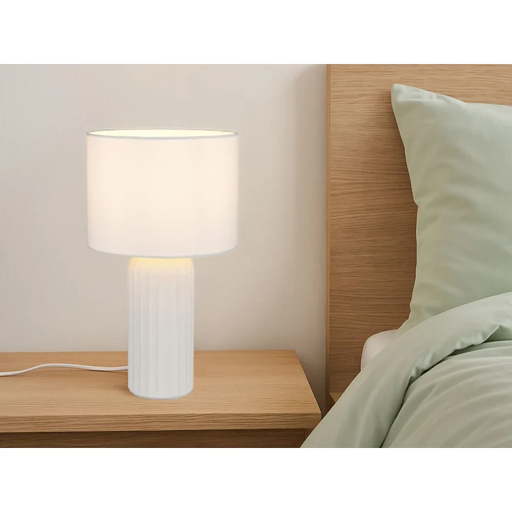 LED Tischleuchte mit Keramikfuß & Stoffschirm Weiß, Höhe 36cm – Bild 1