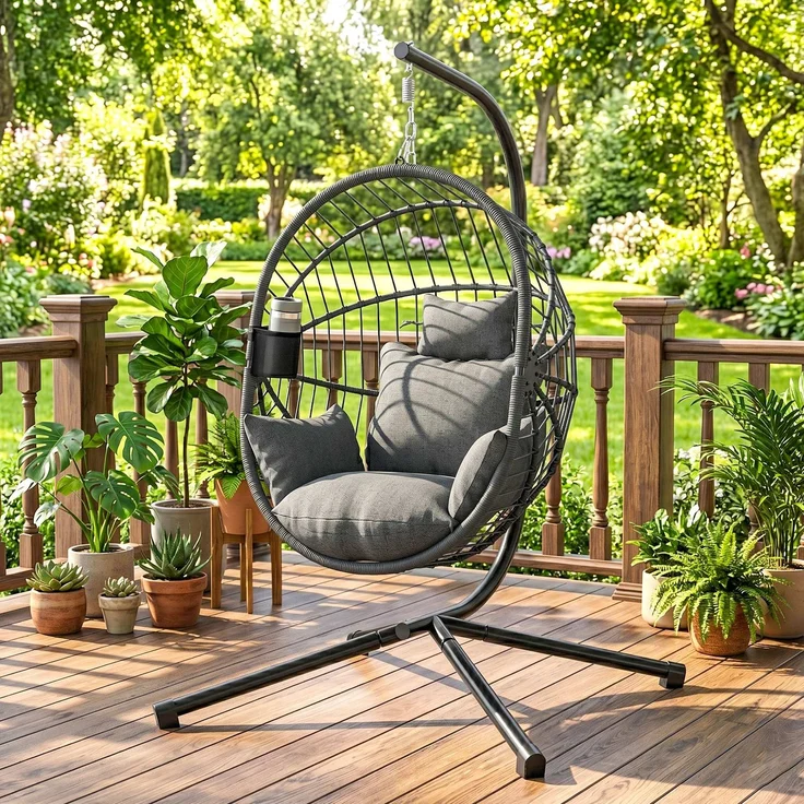 Outdoor Hängesessel Hängesessel, inkl. Polster, Egg-Chair, 120 cm x 106 cm x 188 cm, Grau--Grau--188x106x120cm--YOUDENOVA – Bild 4