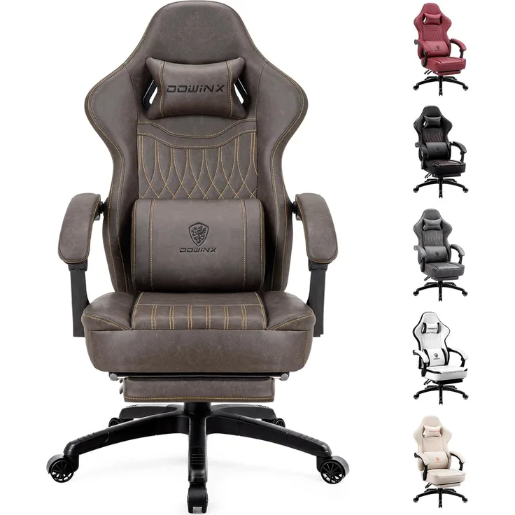 Dowinx Gaming Stuhl mit Frühling Kissen,Racing Gamer Stuhl mit Massage Lendenwirbelstütze, Ergonomischer Gaming Sessel mit Fußstütze Bürostuhl PU Leder Braun