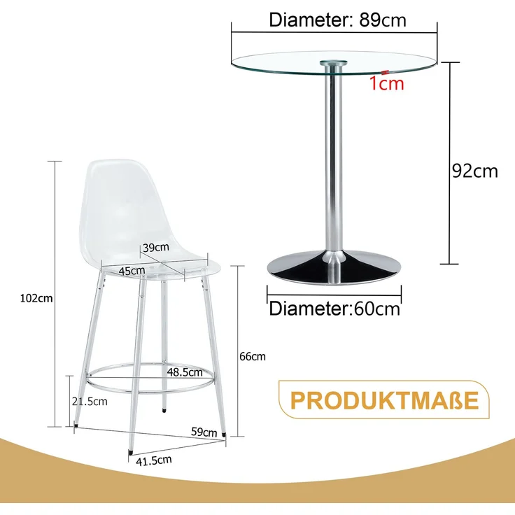 Flexibles Bar-Set: 89 cm Glastisch + 2 transparente Barhocker – speziell für europäische offene Küchen konzipiert. Silbern-metallenes Gestell mit bequemer Fußstütze, Flexibles Bar-Set: 89 cm Glastisch + 2 transparente Barhocker – speziell für europäisc... – Bild 2