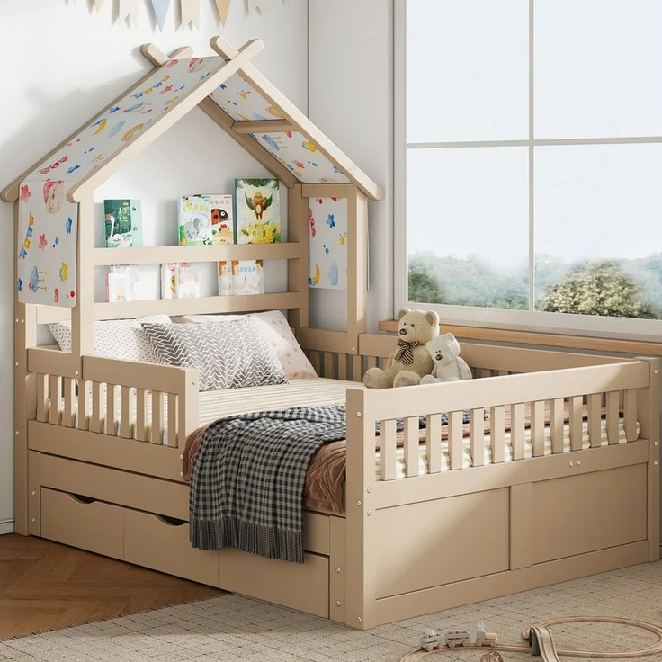 Merax Kinderbett 140x200cm mit Haus-Design, Hausbett mit Dach und Ablage (1-tlg), Kiefernholz Kinderbett mit Ausziehbett,3 Schubladen,Sicherheitsgittern – Bild 2