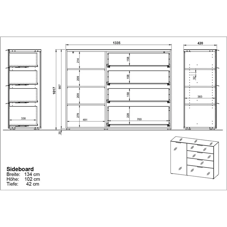 Sideboard Owingen / Oakland, Glas, Holzwerkstoff, Silber, Grau, Schwarz, 134 x 102 x 42 cm – Bild 6