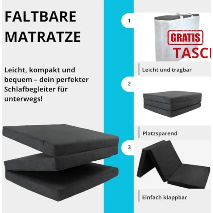 Klappmatratze Klappmatratze Gästematratze VW GTD 180x65x7cm Faltmatratze Bezug Bett, FORTISLINE, 7 cm hoch – Bild 6