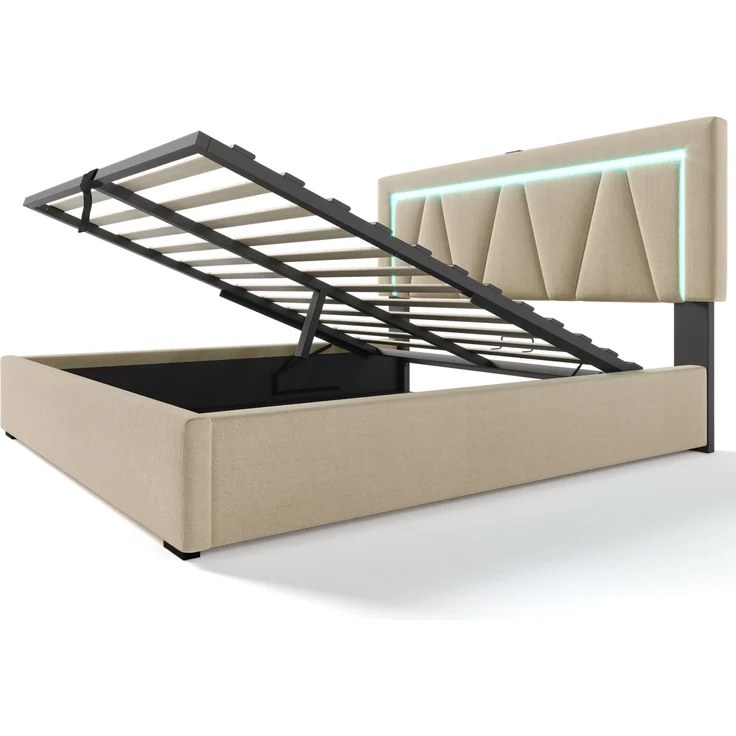 Polsterbett 160x200 cm aus Leinen mit Stauraum, USB- und Type-C-Anschluss und LED-Beleuchtung – Bild 9