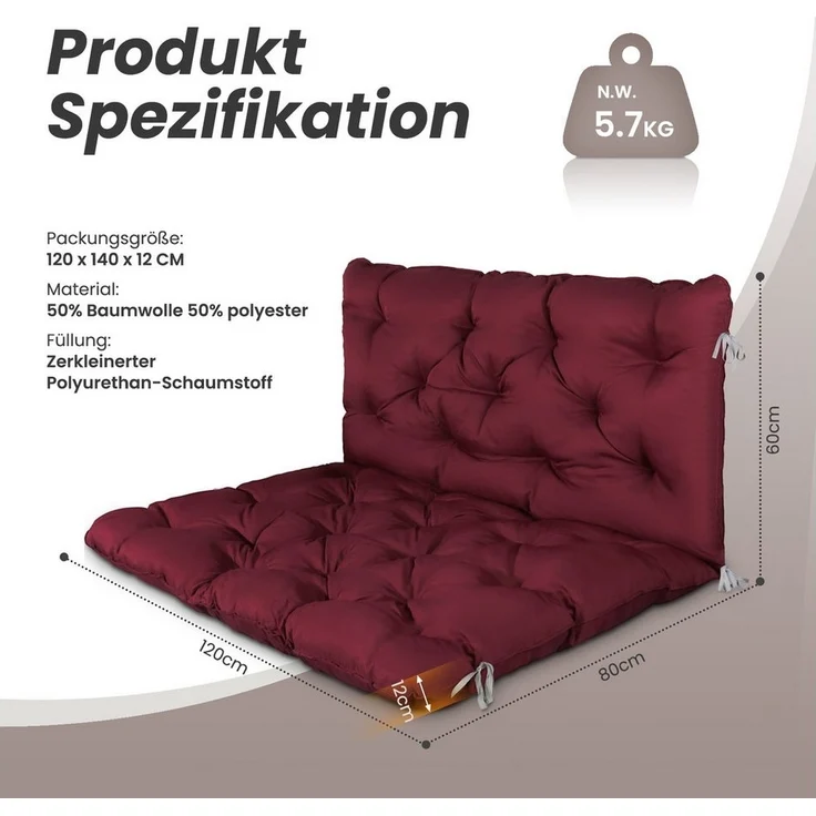 HOMECALL Dekokissen Bankauflage Sitzbankauflage Sitzkissen mit Rückenlehne, Nordisches Design, für Gartenbank, 120 x 140 x 12 cm – Bild 3