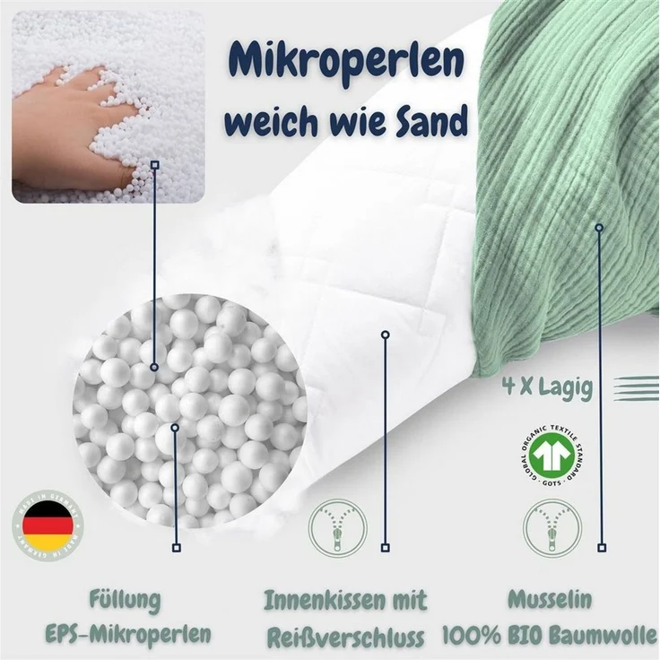 SEI Design Stillkissen Seitenschläferkissen Babynestchen mit EPS Mikroperlen, Schwangerschaftskissen mit Bezug, Schwangerschaftskissen mit Bezug, Musselin BIO Baumwolle – Bild 2