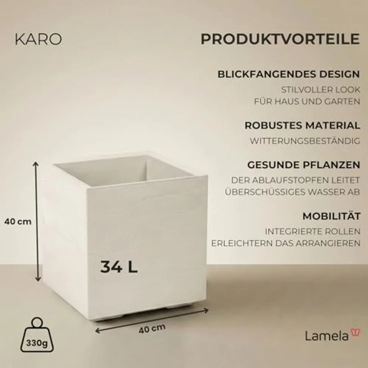 LAMELA Pflanzkübel mit Rollen 40 cm, 36L – Blumentopf aus Kunststoff in Holzoptik – Übertopf mit Wasserablauf – Modern für Innen & Außen - Wetterfest & Pflegeleicht, Beige – Bild 3