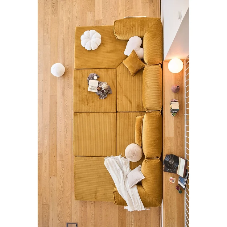 Ecksofa mit Schlaffunktion, 300 cm, Senfgelb | 100% Gerippter Plüschstoff, Abnehmbarer Bezug, 4 Kissen inklusive | Pfotenfreundlich & Stilvoll – Bild 6