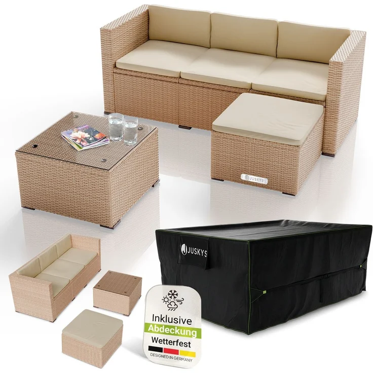 Juskys Polyrattan Lounge Punta Cana M creme inkl. Abdeckung – Gartenlounge für 4 Personen – Sitzgruppe mit Sessel, Sofa, Tisch & Hocker - Sitzbezüge sand – Bild 1