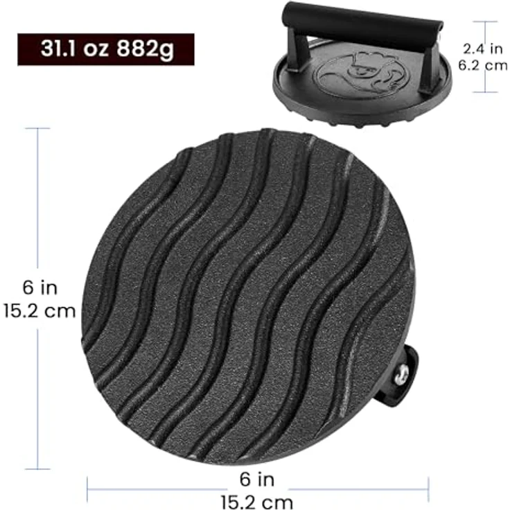 Gourmet Easy Burgerpresse Gusseisen antihaft | Großer Burger Smasher (Ø15cm) mit hitzeabweisendem Griff | Fleischbeschwerer für schmackhafte Hamburger & Smash Burger | Smash burgerpresse | Smasher – Bild 8