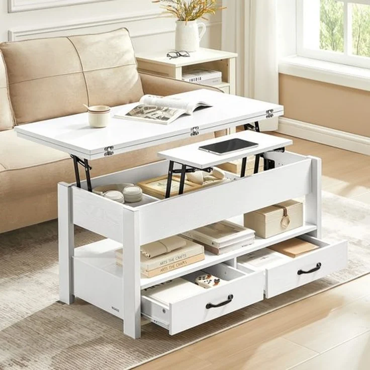 VASAGLE Couchtisch, Wohnzimmertisch, Gaszylinder, höhenverstellbar, viel Stauraum, Kaffeetisch, für Wohnzimmer, weiß – Bild 1