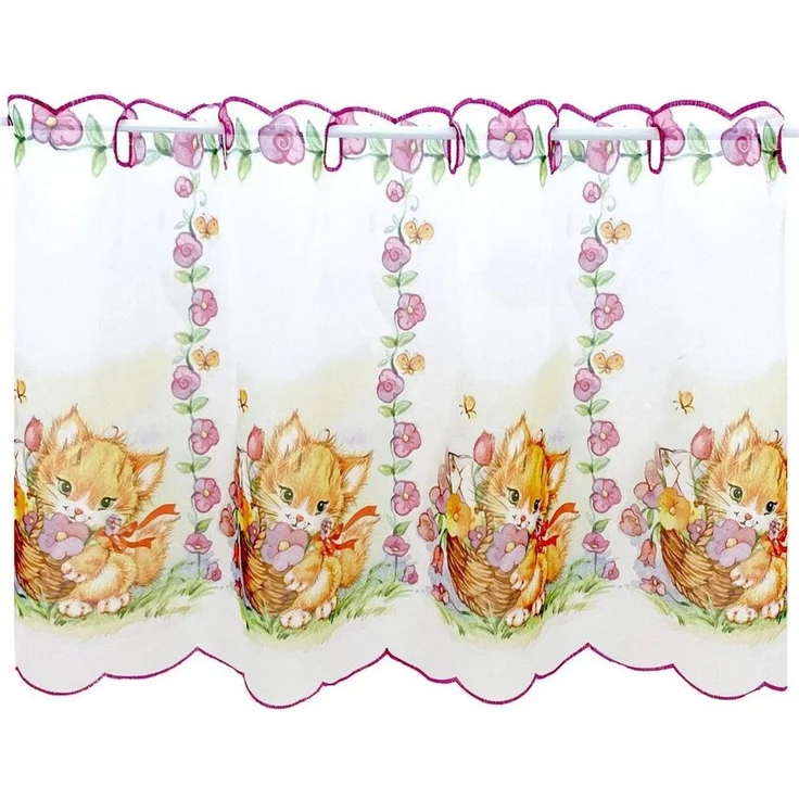 heimtexland Scheibengardine Kinderzimmer Deko Gardine Baby Katzen Fensterdeko (1 St), Durchzuglöcher, halbtransparent, Voile, transparent, HxB 45x85 cm, Stickerei Kante pink rosa – Bild 3
