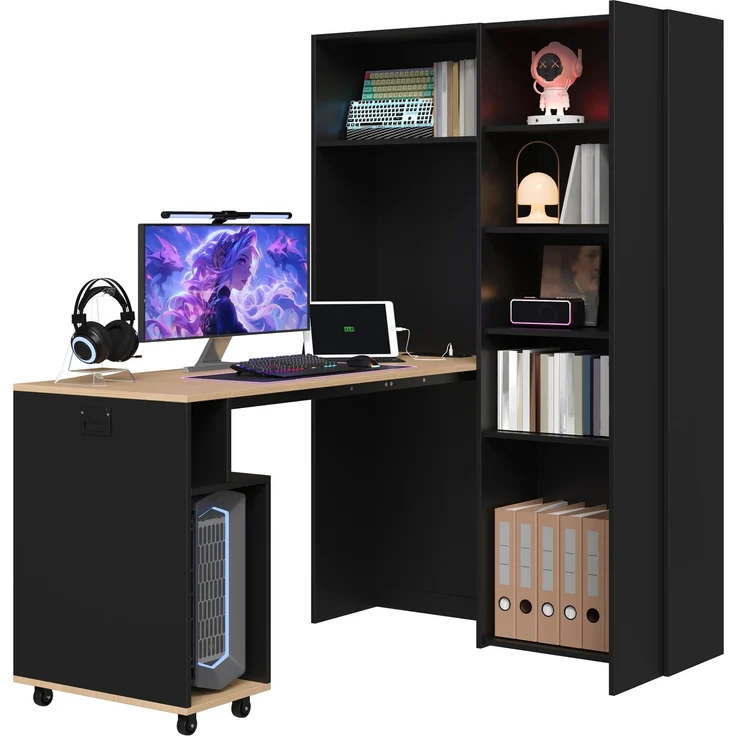 Klappbarer Schreibtisch mit Ablagen –2-in-1-Bücherregal und Schreibtisch, klappbar, mit Steckdose und USB-Anschluss, höhenverstellbare Ablagen, Kippschutz, Schreibtisch,Eck-Schreibtisch-rechts – Bild 10