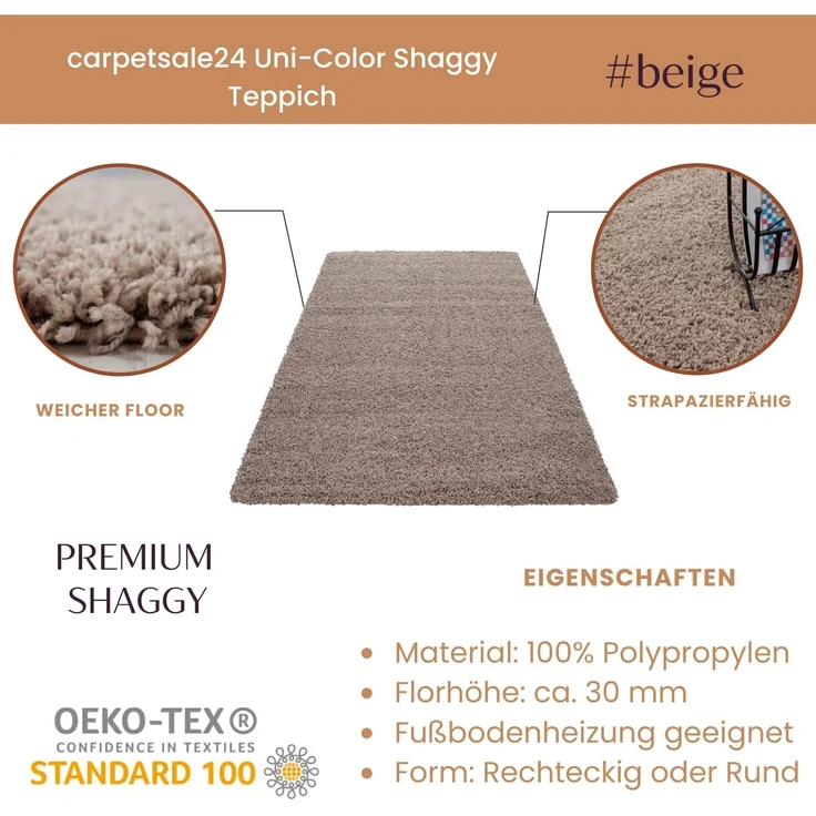 Carpetsale24 Shaggy Hochflor Teppich Wohnzimmer 200 cm Rund Beige - Modern Flauschiger Teppich Extra Weich, Pflegeleicht und Einfarbig - Ideal als Teppich für Schlafzimmer, Esszimmer und Küche – Bild 2