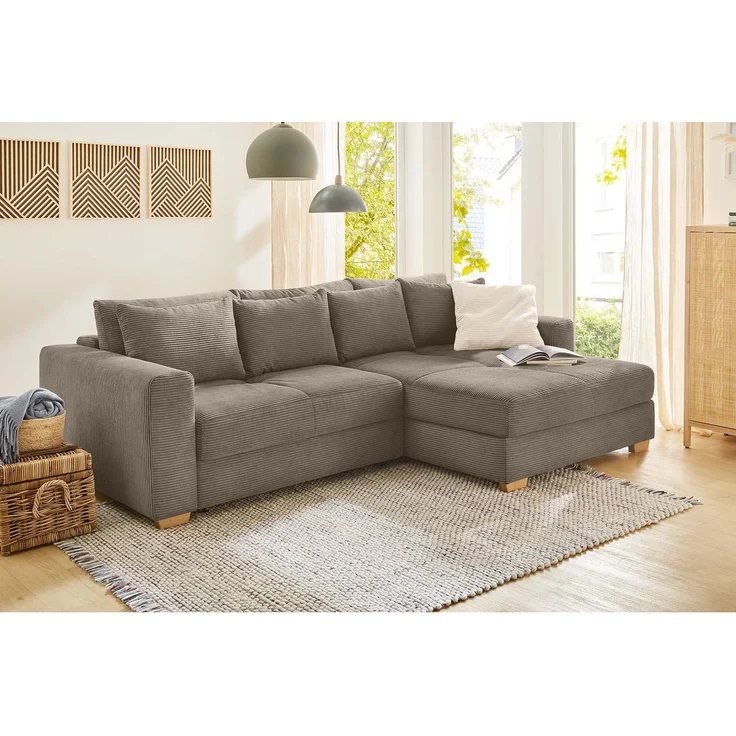 Ecksofa-Dauerschläfer Federkern Couch seitenverkehrt Bettkasten Cord Braun Taupe – Bild 2