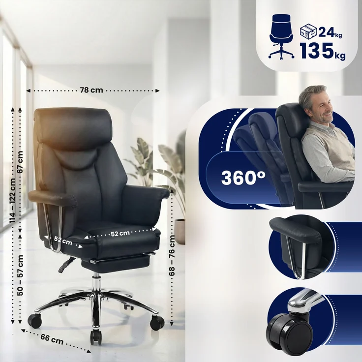 CLP Bürostuhl Dahra Echtleder mit Fußablage höhenverstellbar 360° drehbar,schwarz – Bild 2