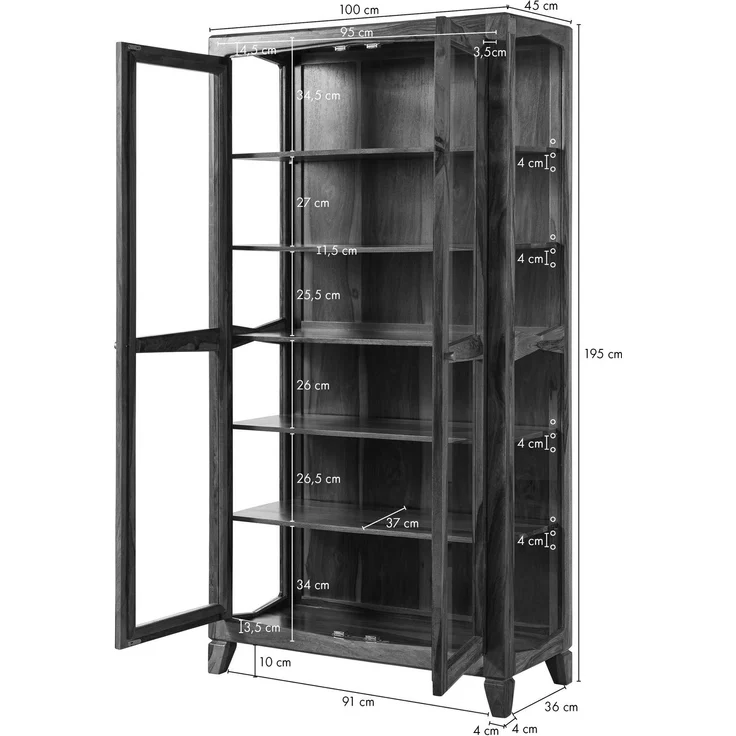 Vitrine Sheesham 100 x 45 x 195 dunkelbraun lackiert ANCONA #236 – Bild 8