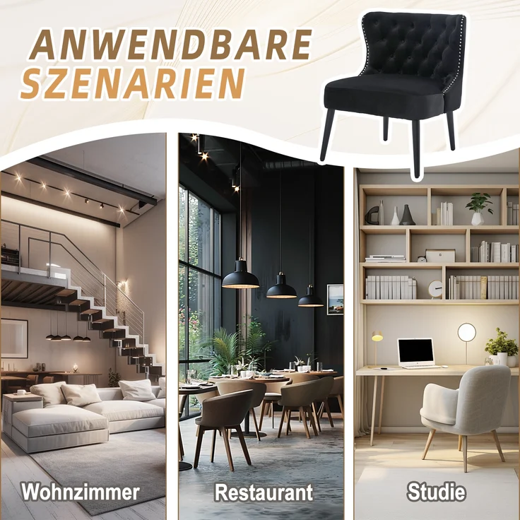 LVHOM Polsterstuhl aus Samt, Esszimmerstühle mit Knopfheftung, ohne Armlehnen, Massivholz Beine, Für Wohnzimmer, Büro & Schlafzimmer, Schwarz – Bild 7