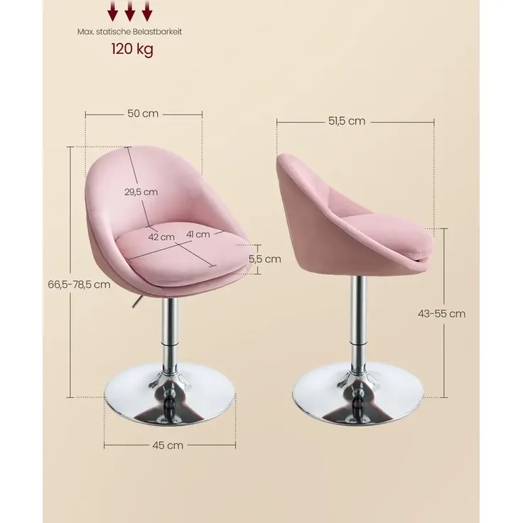VASAGLE Stuhl verstellbar, Schminkstuhl, Bürostuhl, drehbar, Barhocker mit Rückenlehne und Sockel, Stahl, für Theke, Büro, Schminktisch, Esszimmer, 52,5x50 x (81,5–93,5) cm – Bild 2