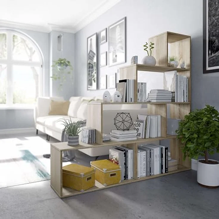 Habitdesign, Bücherregal – dekoratives Regal mit Hochglanz-Finish in kanadischer Eiche, ideal für Wohnzimmer, Büro oder Esszimmer, Maße: 145 x 145 x 29 cm (B x H x T), Modell Klum – Bild 3