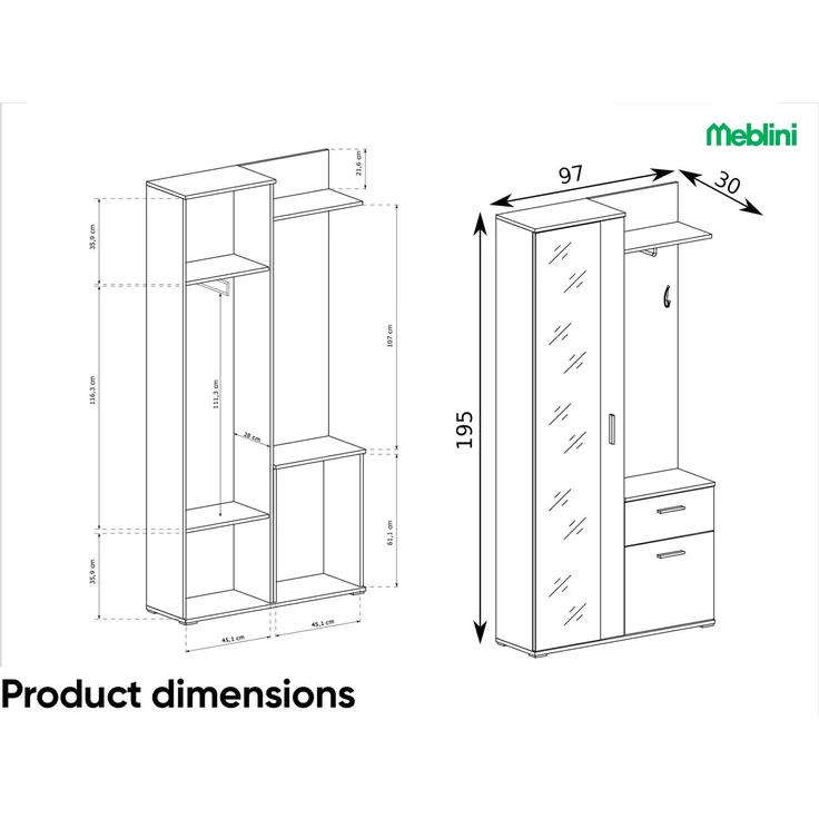 MEBLINI Garderobenschrank LUXOR 97cm - Sonoma Eiche - mit Spiegel - 97x30x195cm R/L - Garderobe Schrank - Flurgarderobe schmal - Garderobe Flur Möbel Set - Flurschrank hoch – Bild 5