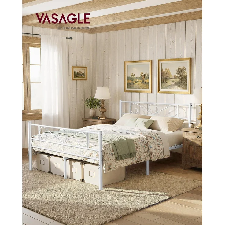 VASAGLE Bett 140 x 200 cm, Gästebett, Doppelbett aus Metall, Bettgestell, Bettrahmen, Metallbett, einfache Montage, mattweiß – Bild 3