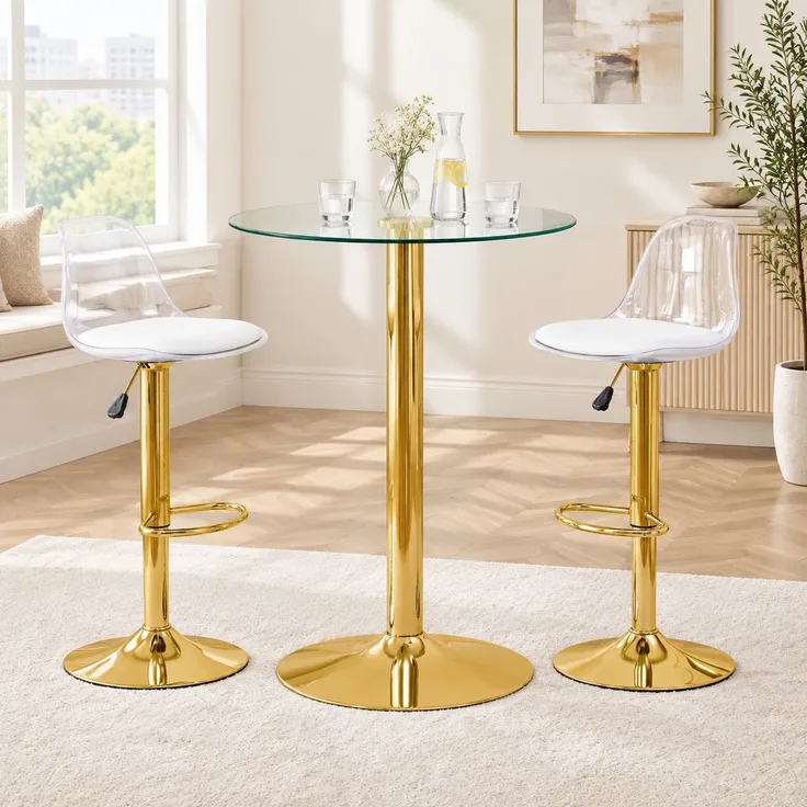 Bartisch-Set mit 2 Hockern, Glastisch Ø 89 cm, höhenverstellbare und drehbare Hocker