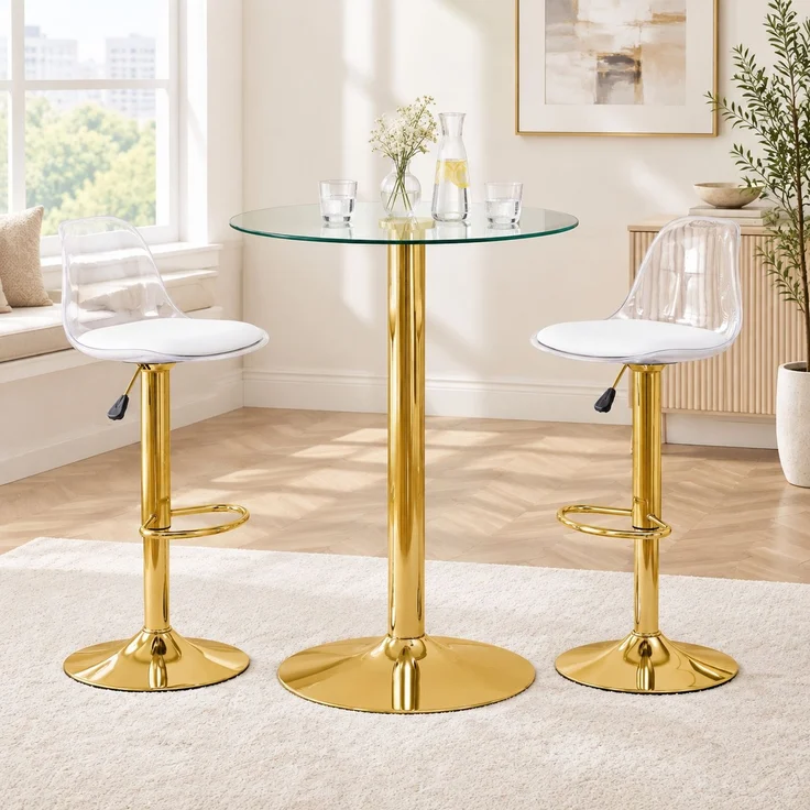 Bartisch-Set mit 2 Hockern, Glastisch Ø 89 cm, höhenverstellbare und drehbare Hocker – Bild 1