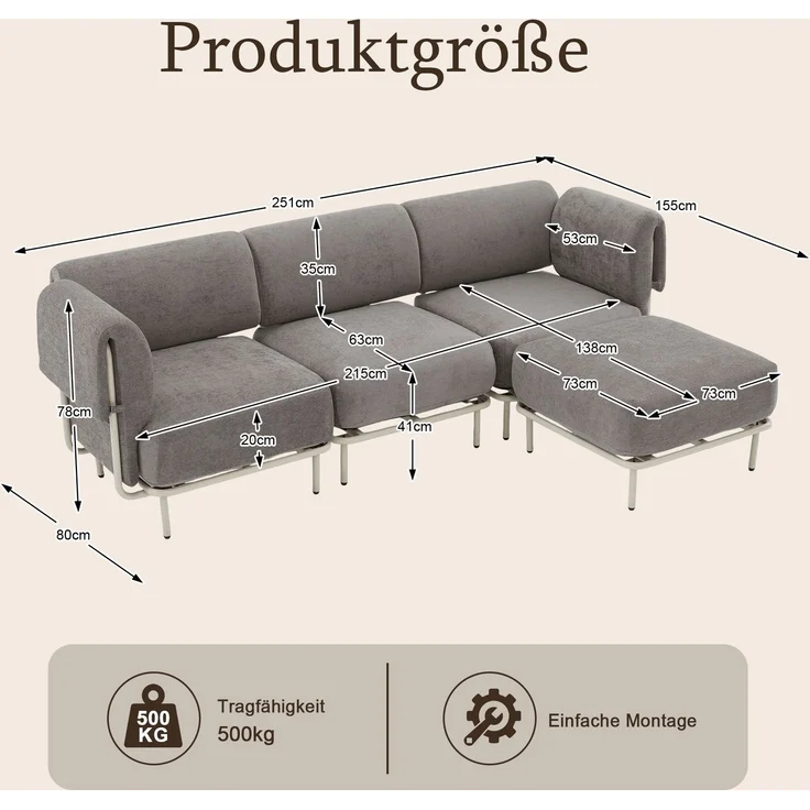 Sofa mit Hocker, 251 x 155 x 78 cm, Sitzfläche 215x63 cm, graues Chenille, modular stellbar – Bild 5