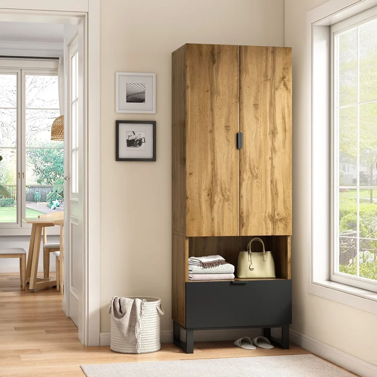 DESVIAE Garderobenschrank mit Kleiderstange und Schublade, 65x180x38 cm, Spanplatte, Natur/Schwarz – Bild 1