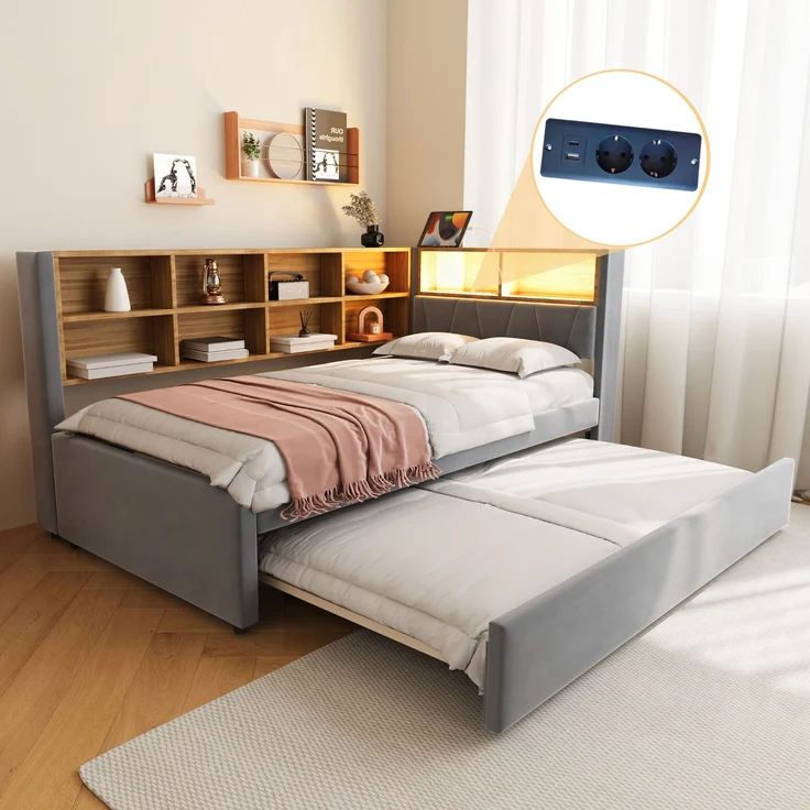 Polsterbett Ausziehbett 90/200 cm mit 90/190 cm Gästebett, LED, USB-C und Stauraum, Flanell Dunkelgrau, ohne Matratze – Bild 4