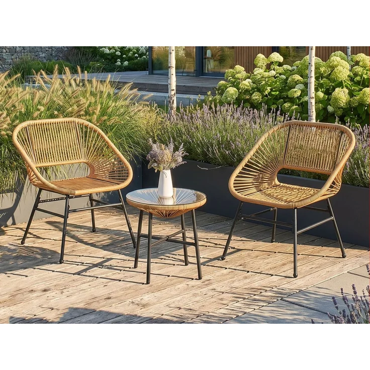 Beautysofa Gartenlounge-Set MALIKA Balkonmöbel, (Stahlgestell pulverbeschichtet, Polyrattan-Optik, 3-tlg, 2 Gartensessel + 1 Couchtisch), gehärtete Glasplatte 5 mm, wetterbeständig, stabil – Bild 1
