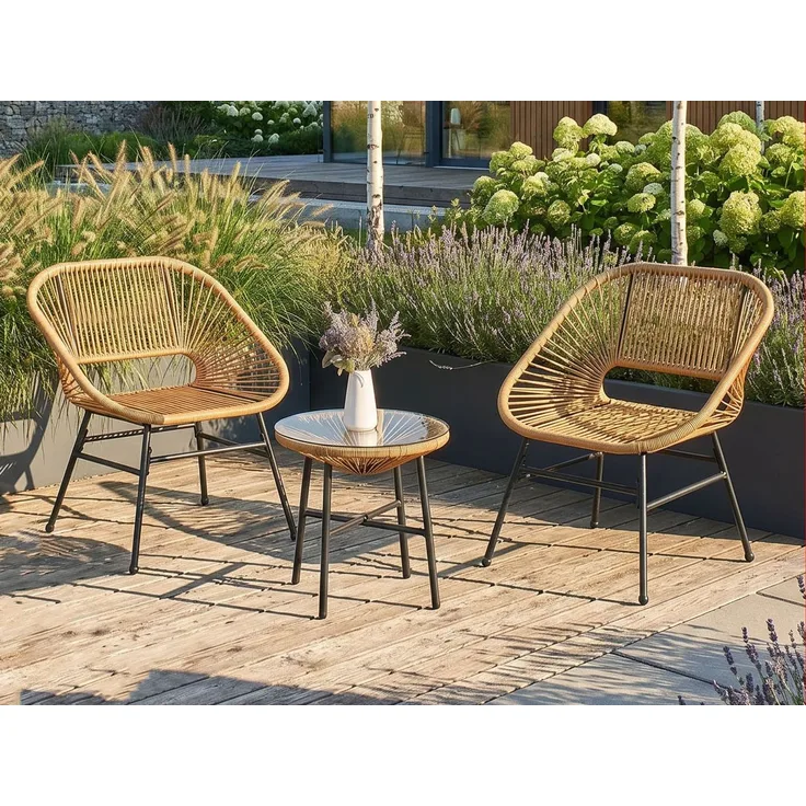 Beautysofa Gartenlounge-Set MALIKA Balkonmöbel, (Stahlgestell pulverbeschichtet, Polyrattan-Optik, 3-tlg, 2 Gartensessel + 1 Couchtisch), gehärtete Glasplatte 5 mm, wetterbeständig, stabil