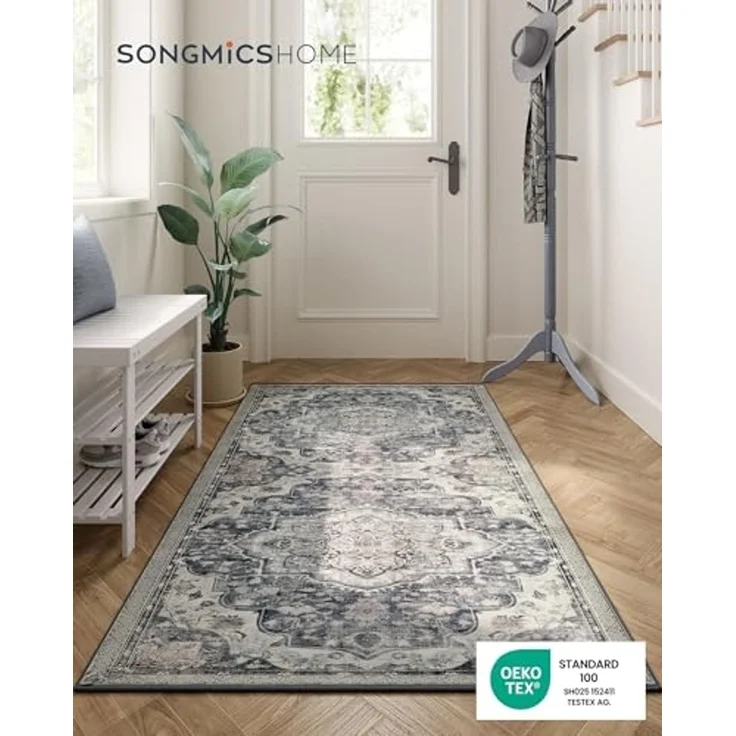 Songmics HOME Teppich, 80x150 cm, Wohnzimmerteppich, Rutschfester Teppich, traditioneller Vintage-Stil, für Wohnzimmer, Küche, Flur, Esszimmer, maschinenwaschbar, Taubengrau – Bild 2