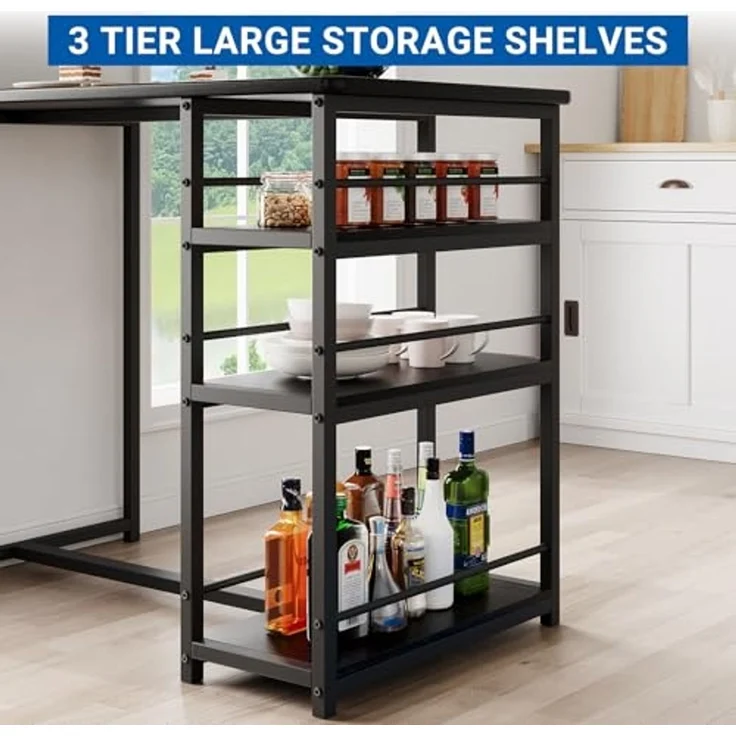 Bartisch mit Barhocker Set, Barhocker 3er Set für 2 Personen mit 1 Tisch + 2 Gepolsterte Stühle, Rückenlehne - Küchentisch mit 3 Ablagen, Esstisch für Wohnzimmer, Esszimmer und Küche, Schwarz – Bild 4